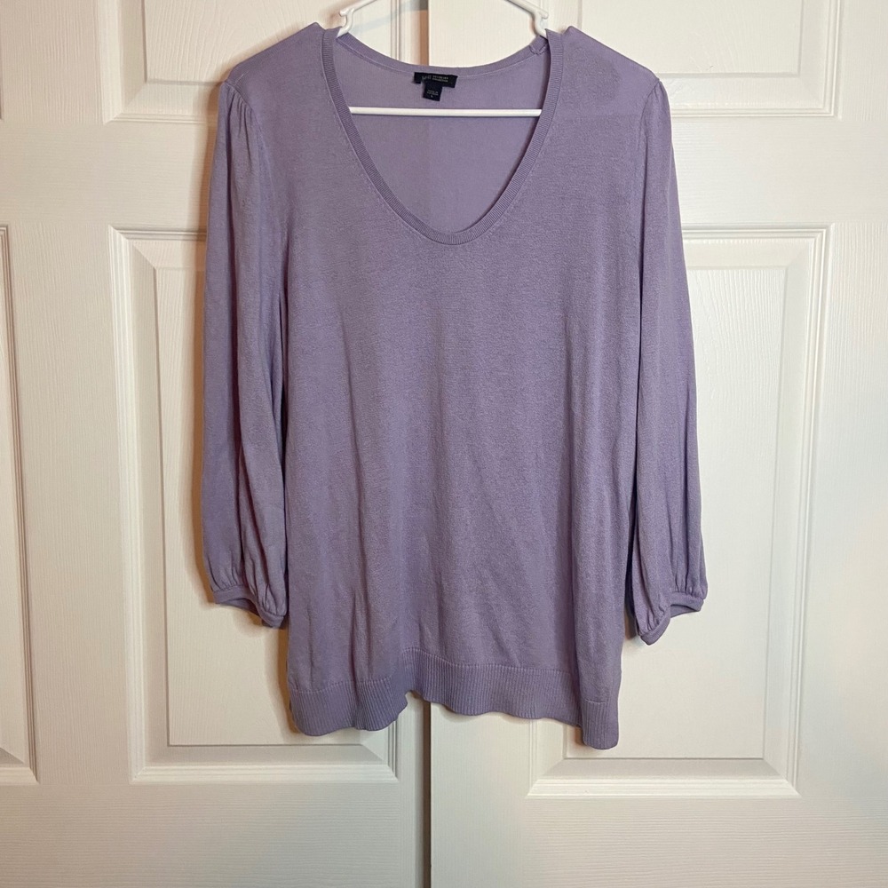 J. Jill Wearever Lavender Silk Cotton V-Neck Puff Sleeve Sweater Large